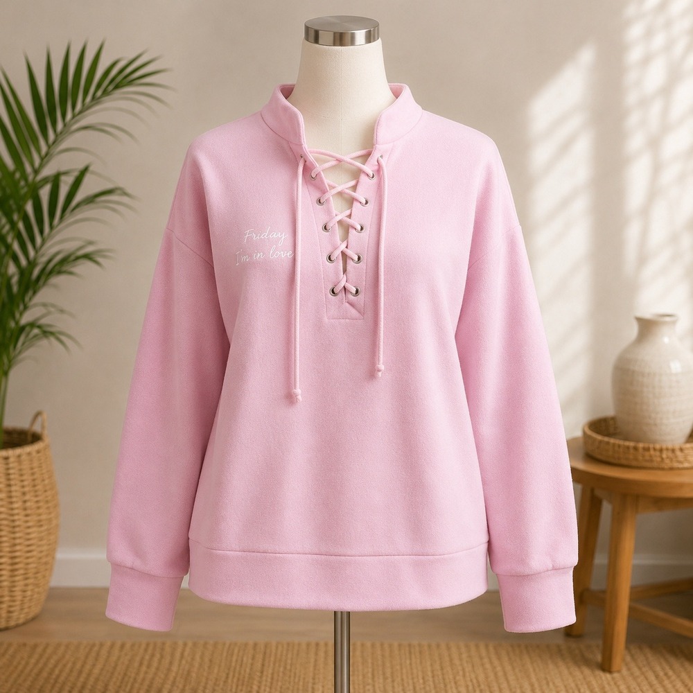 NWT Daydream Nation Friday Im In Love Pullover Womens Large Pink Lace Up Fleece
